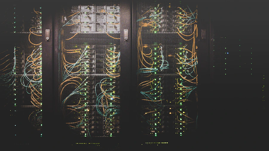 Corredor de um data center com racks de servidores iluminados